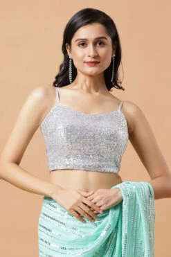 Ariel Silver Sequins Blouse With Adjustable Tie-back -One Minutesaree Shop OMS BL SQ SLVR640 1 d797c771 2cf4 40ce 916a 9ec1a9273e02