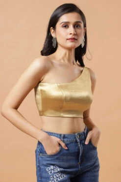 Giana Gold One Shoulder Satin Comfort Stretch™ Blouse -One Minutesaree Shop OMS BL SS GLD 00491 2