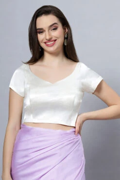 Ria Off-White Satin Comfort Stretchâ„¢ Leaf Neck Crop Top Leaf Neck Short Sleeve Blouse