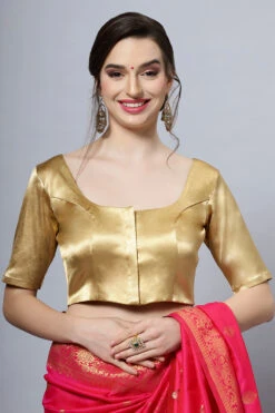 Lara Gold Satin Comfort Stretch™ Round Neck Half Sleeve Blouse (Front Closure)