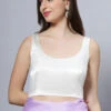 Reema Off-White Satin Comfort Stretch™ Deep U Adjustable Tie Back Blouse -One Minutesaree Shop OMS BL SS05 1