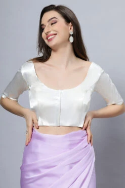 Lara Off-White Satin Comfort Stretch™ Round Neck Half Sleeve Blouse (Front Closure) -One Minutesaree Shop OMS BL SS06 1