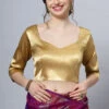 Deana Gold Satin Comfort Stretch™ Pentagon Neck Long Sleeve Crop Top Blouse 5 Deana Gold Satin Comfort Stretch™ Pentagon Neck Long Sleeve Crop Top Blouse -One Minutesaree Shop OMS BL SS07 1