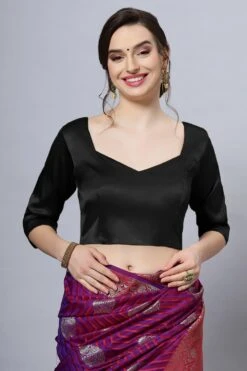 Deana Black Satin Comfort Stretch™ Pentagon Neck Long Sleeve Crop Top Blouse