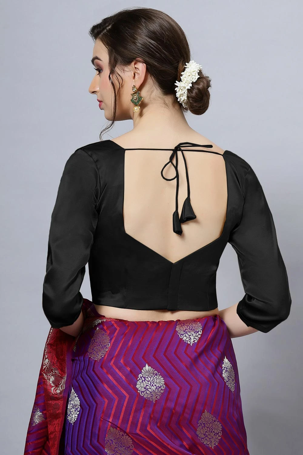 Deana Black Satin Comfort Stretch™ Pentagon Neck Long Sleeve Crop Top Blouse 2 Deana Black Satin Comfort Stretch™ Pentagon Neck Long Sleeve Crop Top Blouse - Image 2