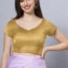 Ria Gold Satin Comfort Stretch™ Crop Top Leaf Neck Short Sleeve Blouse -One Minutesaree Shop OMS BL SSGLD V015 1