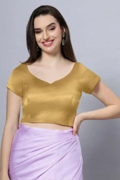 Ria Gold Satin Comfort Stretch™ Crop Top Leaf Neck Short Sleeve Blouse
