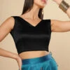 Amiya Black Satin Comfort Stretch™ Stretch V Neck Sleeveless Blouse -One Minutesaree Shop OMS BL SSGLD V017 Black