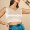 Amiya Off White Satin Comfort Stretch™ V Neck Sleeveless Blouse -One Minutesaree Shop OMS BL SSGLD V017 OFFwhite