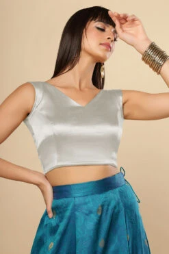 Amiya Silver Satin Comfort Stretchâ„¢ V Neck Sleeveless Blouse