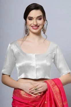 Lara Silver Satin Comfort Stretch™ Stretch Round Neck Half Sleeve Blouse (Front Closure) -One Minutesaree Shop OMS BL SSSLVR V013 3 e5c5d081 8bec 4177 b892 60a6418c4b7c