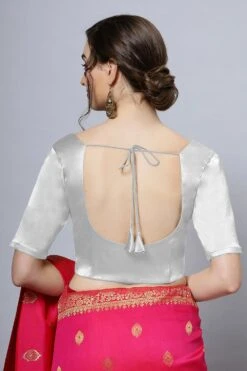 Lara Silver Satin Comfort Stretch™ Stretch Round Neck Half Sleeve Blouse (Front Closure) -One Minutesaree Shop OMS BL SSSLVR V013 4 c281c5a4 15e3 486f b0ac 0d31f1ae3897