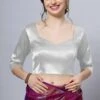 Deana Silver Satin Comfort Stretch™ Pentagon Neck Long Sleeve Crop Top Blouse -One Minutesaree Shop OMS BL SSSLVR V014 1 725e4321 6976 48c1 b9f7 f5403cfd02d5