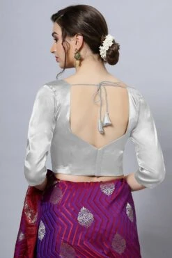 Deana Silver Satin Comfort Stretch™ Pentagon Neck Long Sleeve Crop Top Blouse -One Minutesaree Shop OMS BL SSSLVR V014 2 a5fc832f ab2a 4b5a 8ab6 d95153862bb5