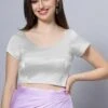 Ria Silver Satin Comfort Stretch™ Crop Top Leaf Neck Short Sleeve Blouse