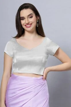 Ria Silver Satin Comfort Stretch™ Crop Top Leaf Neck Short Sleeve Blouse