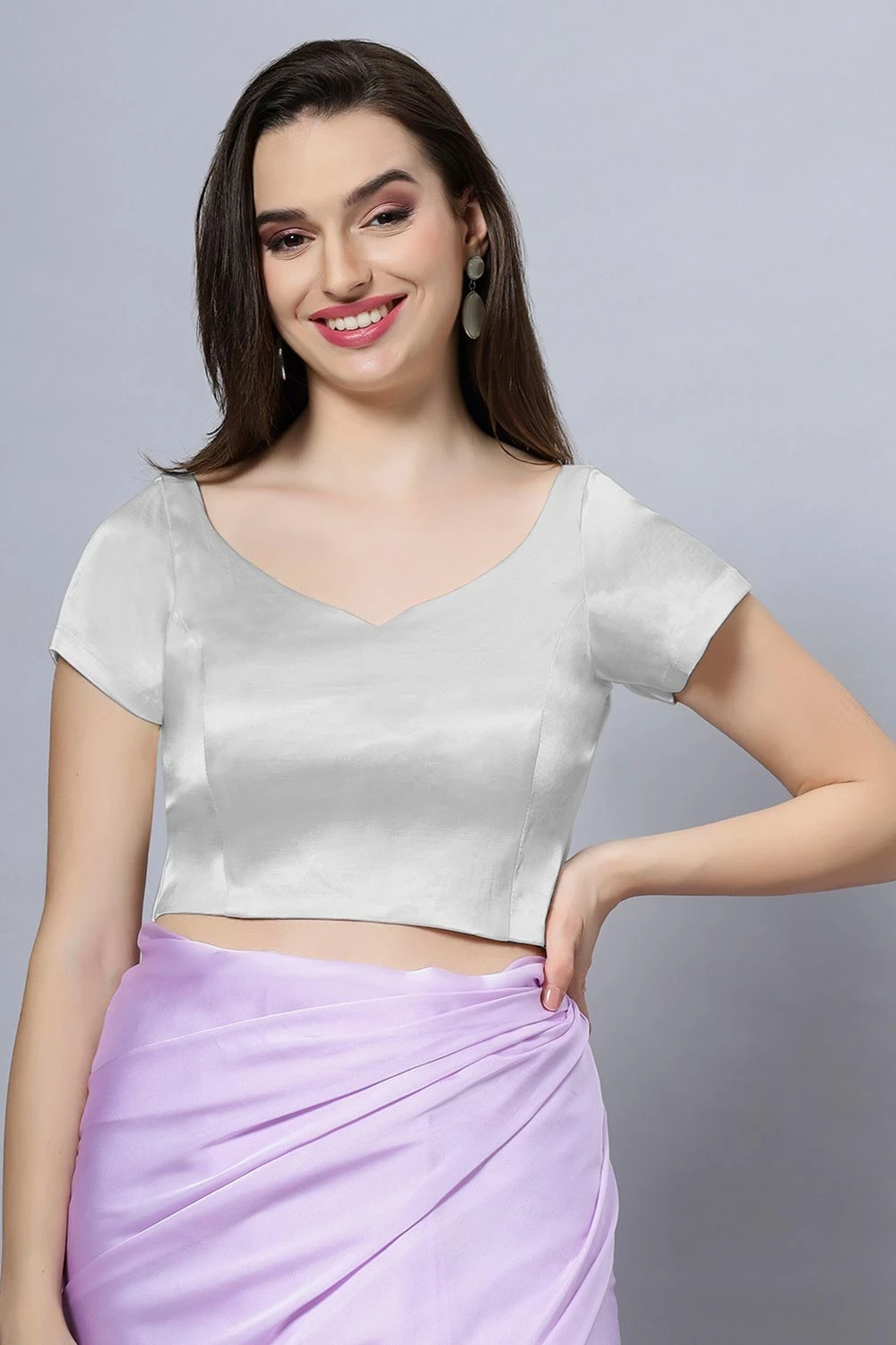 Ria Silver Satin Comfort Stretch™ Crop Top Leaf Neck Short Sleeve Blouse 1 Ria Silver Satin Comfort Stretch™ Crop Top Leaf Neck Short Sleeve Blouse