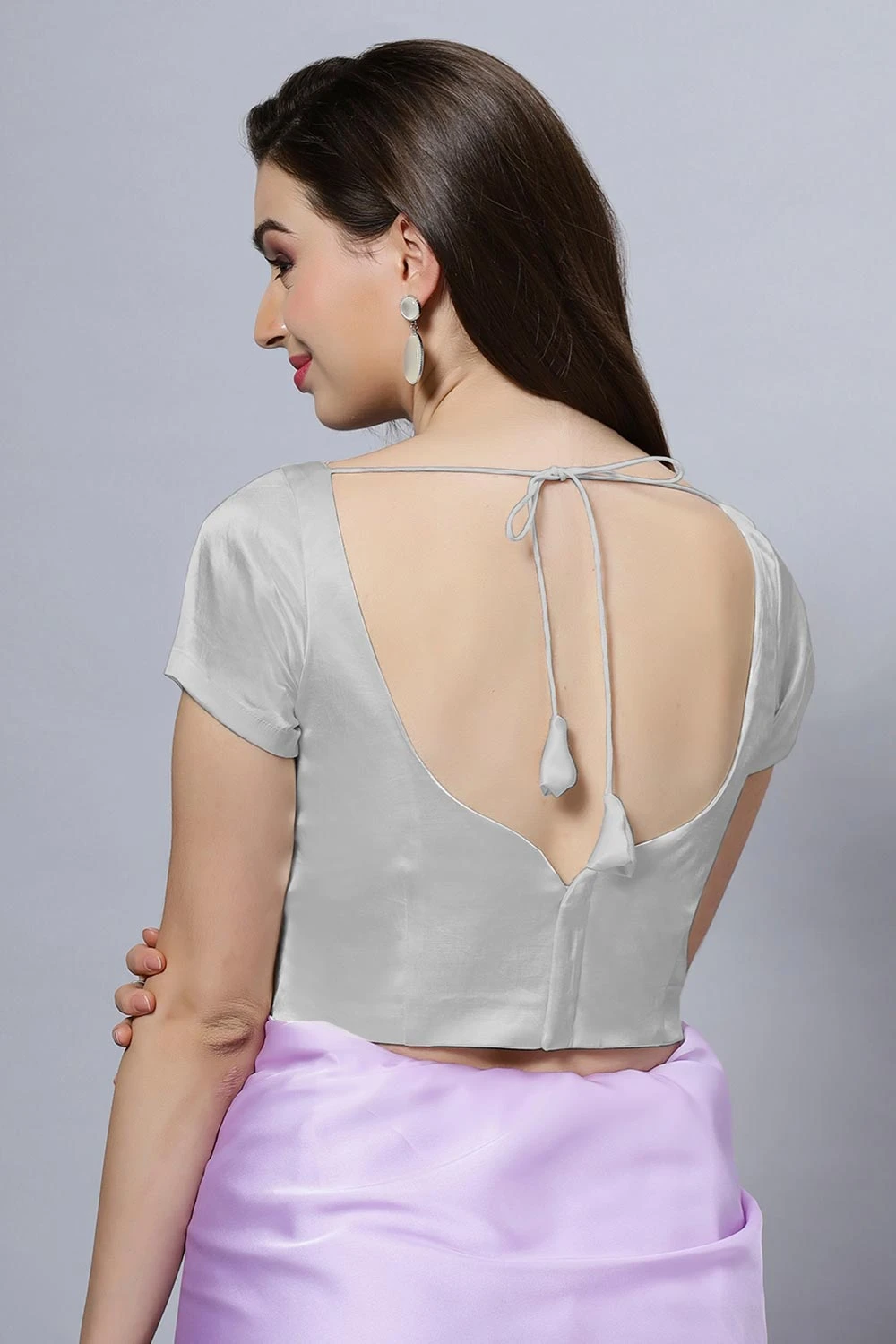 Ria Silver Satin Comfort Stretch™ Crop Top Leaf Neck Short Sleeve Blouse 2 Ria Silver Satin Comfort Stretch™ Crop Top Leaf Neck Short Sleeve Blouse - Image 2