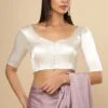 Lara Off-White Satin Comfort Stretch™ Round Neck Half Sleeve Blouse (Front Closure) -One Minutesaree Shop OMS BL SSWHT V013 1