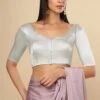 Lara Silver Satin Comfort Stretch™ Stretch Round Neck Half Sleeve Blouse (Front Closure) -One Minutesaree Shop OMS BL SSWHT V013 1Silver