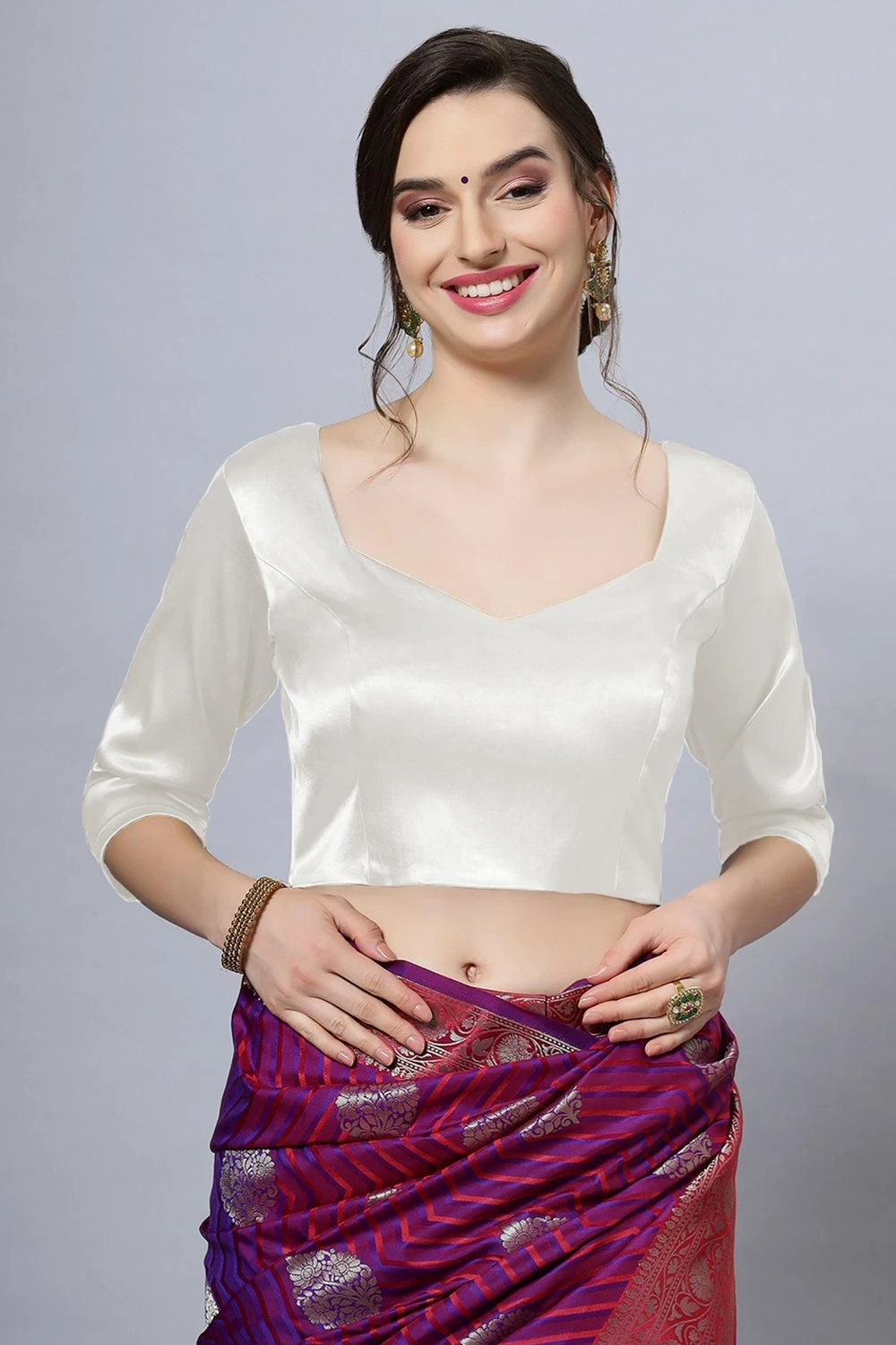 Deana Off-White Satin Comfort Stretch™ Pentagon Neck Long Sleeve Crop Top Blouse 1 Deana Off-White Satin Comfort Stretch™ Pentagon Neck Long Sleeve Crop Top Blouse