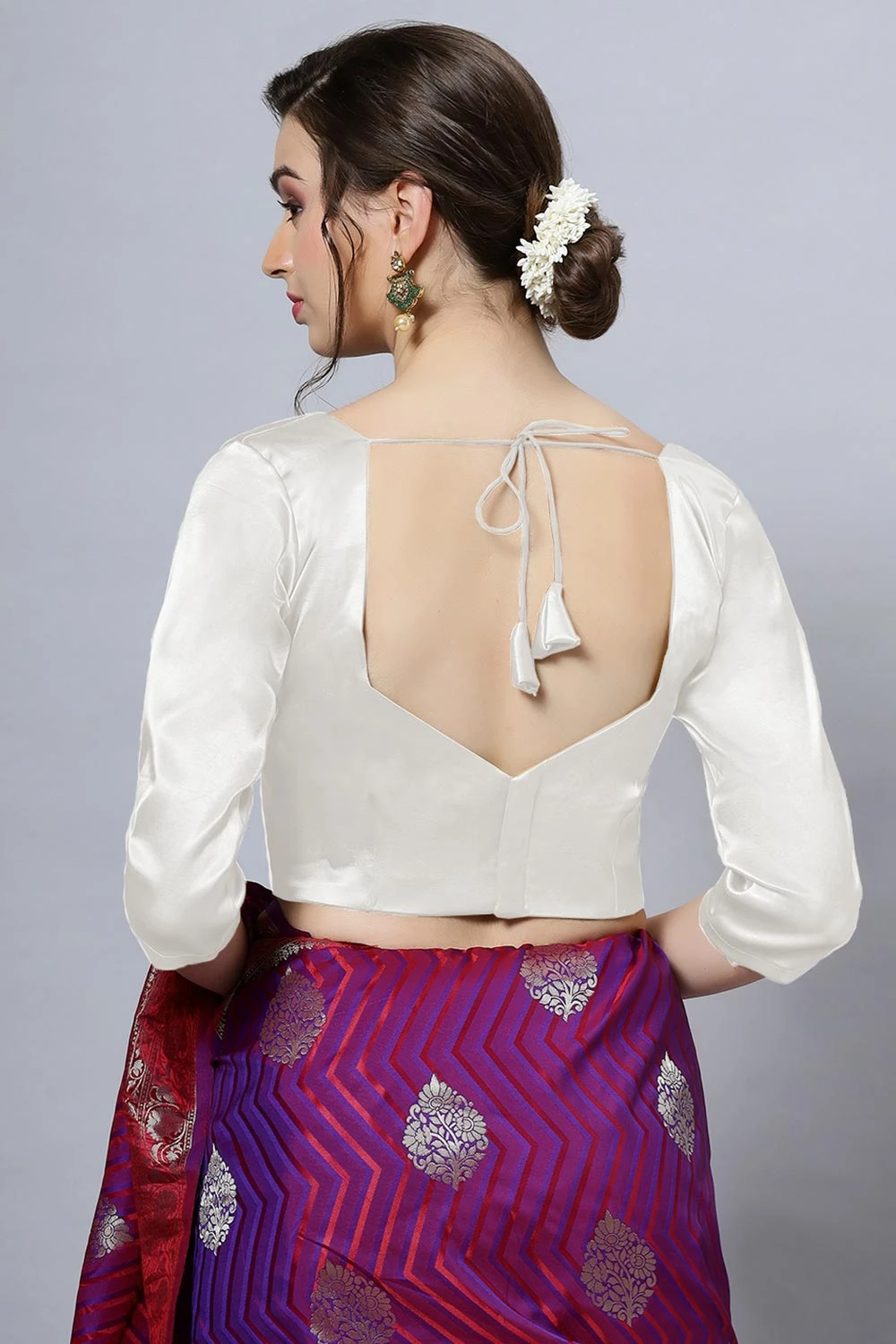 Deana Off-White Satin Comfort Stretch™ Pentagon Neck Long Sleeve Crop Top Blouse 2 Deana Off-White Satin Comfort Stretch™ Pentagon Neck Long Sleeve Crop Top Blouse - Image 2