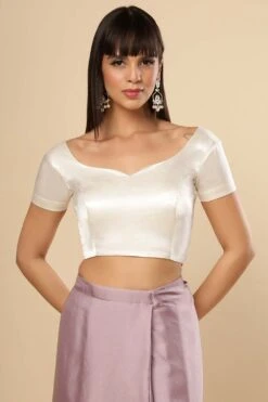 Deira Off-White Satin Comfort Stretchâ„¢ Sweetheart Neck Short Sleeve Saree Blouse