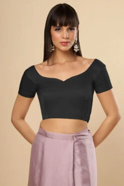 Deira Black Satin Comfort Stretchâ„¢ Sweetheart Neck Short Sleeves Saree Blouse
