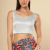 Ilia Silver Satin Comfort Stretch™ Sweetheart Neck Sleeveless Saree Blouse -One Minutesaree Shop OMS BL SSWHT V096 1Silver