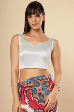 Ilia Silver Satin Comfort Stretch™ Sweetheart Neck Sleeveless Saree Blouse