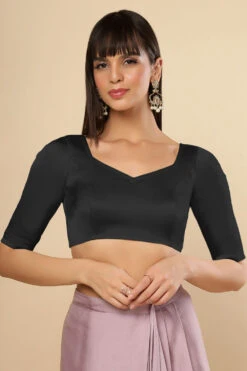 Jules Black Satin Comfort Stretchâ„¢ Pentagon Neck Half Sleeve Saree Blouse