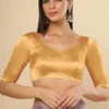Jules Gold Satin Comfort Stretch™ Pentagon Neck Half Sleeve Saree Blouse -One Minutesaree Shop OMS BL SSWHT V097 1Gold