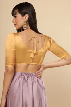 Jules Gold Satin Comfort Stretch™ Pentagon Neck Half Sleeve Saree Blouse -One Minutesaree Shop OMS BL SSWHT V097 1GoldB
