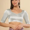 Jules Silver Satin Comfort Stretch™ Pentagon Neck Elbow Sleeve Saree Blouse -One Minutesaree Shop OMS BL SSWHT V097 1Silver
