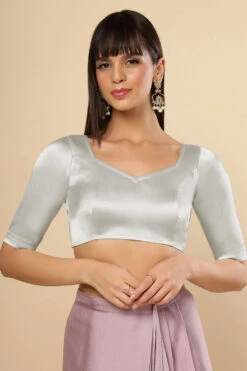 Jules Silver Satin Comfort Stretchâ„¢ Pentagon Neck Elbow Sleeve Saree Blouse