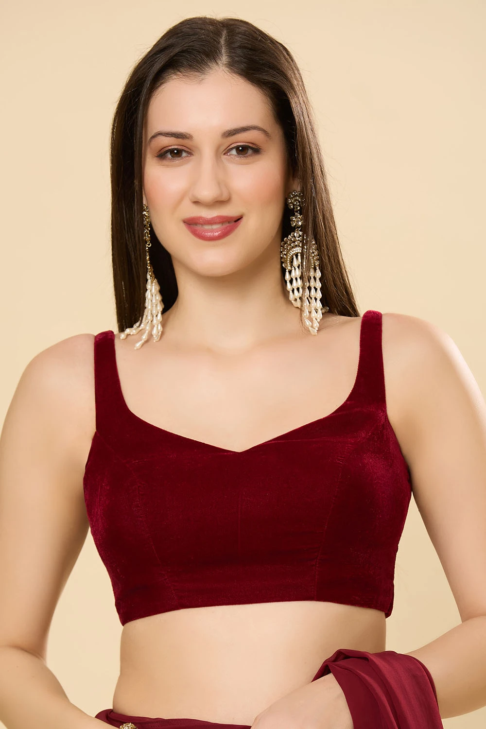 Misha Maroon Velvet Sweetheart Neck Sleeveless Blouse 1 Misha Maroon Velvet Sweetheart Neck Sleeveless Blouse