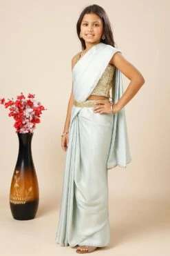 Meera Sea Blue & Gold Shimmer Georgette One Minute Saree -One Minutesaree Shop OMS MMMEERA BL SRKD 3