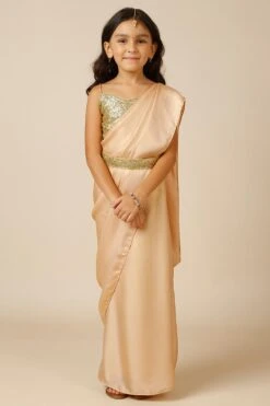 Meera Peach & Gold Shimmer Georgette One Minute Saree With Belt For Kids & Tweens