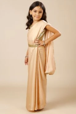 Meera Peach & Gold Shimmer Georgette One Minute Saree With Belt For Kids & Tweens -One Minutesaree Shop OMS MMMEERA PC SRKD 3