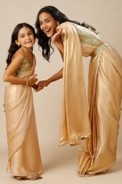 Meera Peach & Gold Shimmer Georgette One Minute Saree With Belt For Kids & Tweens -One Minutesaree Shop OMS MMMEERA PC SRKD 5