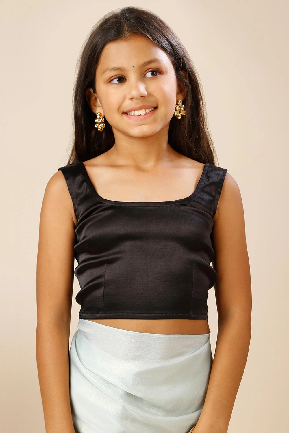 Jules Black Sleeveless Satin Stretch Blouse With Criss Cross Back For Kids & Tweens