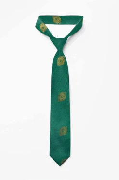 Green Ethnic Gold Motif Silk Teal Tie