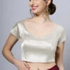 Mena Off-White Satin Comfort Stretch™ Leaf Short Sleeve Blouse -One Minutesaree Shop Off White 1