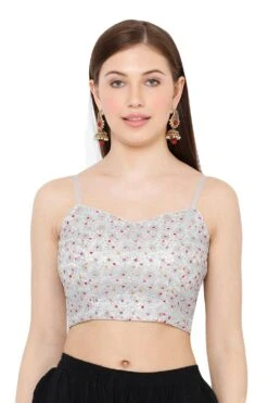 Charin Grey Net Embroidered Strappy Sleeveless Blouse