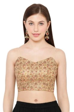 Charin Beige Net Embroidered Strappy Sleeveless Blouse