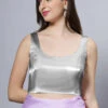 Reema Silver Satin Comfort Stretch™ Deep U Adjustable Tie Back Blouse 6 Reema Silver Satin Comfort Stretch™ Deep U Adjustable Tie Back Blouse -One Minutesaree Shop Silver 1