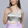 Ana Silver Satin Comfort Stretch™ Deep V Sleeveless Blouse With Bow -One Minutesaree Shop Silver 1 36b38d3b 7ec2 41ac a17c de3e2d867e3b