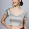 Mena Silver Satin Comfort Stretch™ Leaf Neck Short Sleeve Blouse