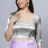 Tula Silver Satin Comfort Stretch™ Sweetheart Neck Elbow Sleeve Blouse -One Minutesaree Shop Silver Blouse
