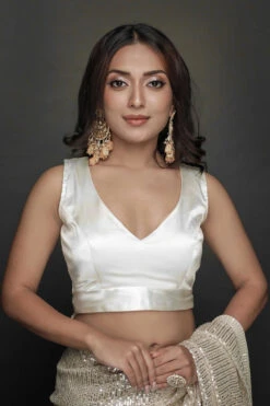 Serena Off-White Satin Comfort Stretchâ„¢ Custom Design Blouse